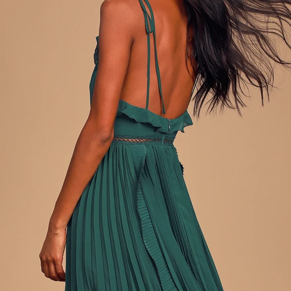 Lulus brand, “Never a Dull Moment Emerald Green Tie-Strap Pleated Midi Dress”